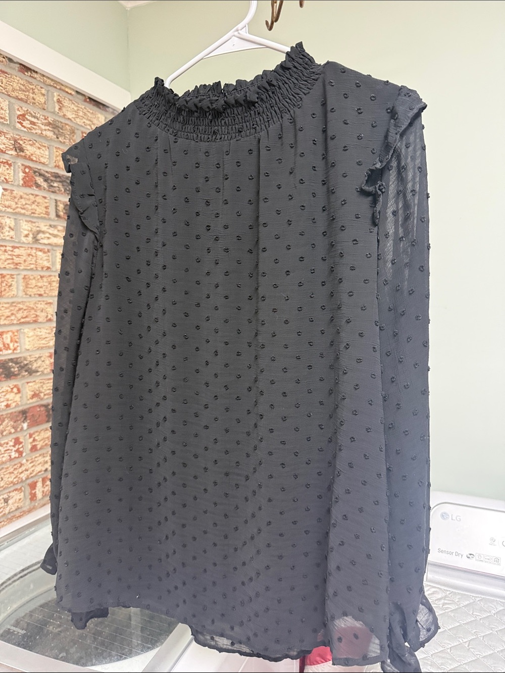 JODIFL Black Swiss Dot Long Sleeve Ruffled Neck Dress